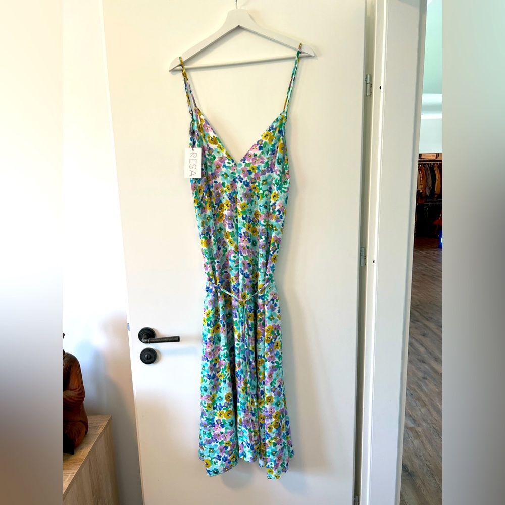 RESA Floral Slip Midi Dress in Turquoise, Yellow & Purple